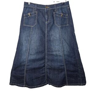Fashion Bug Denim Maxi Skirt Size 14 Dark Wash A-Line Stretch Long Jean Skirt